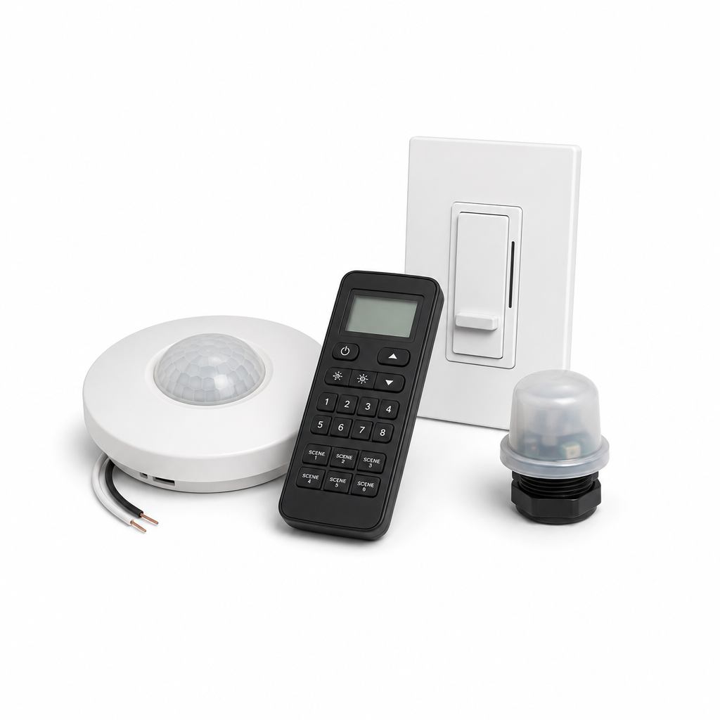 PIR occupancy sensor, lighting remote, photocell, and 0–10V dimmer